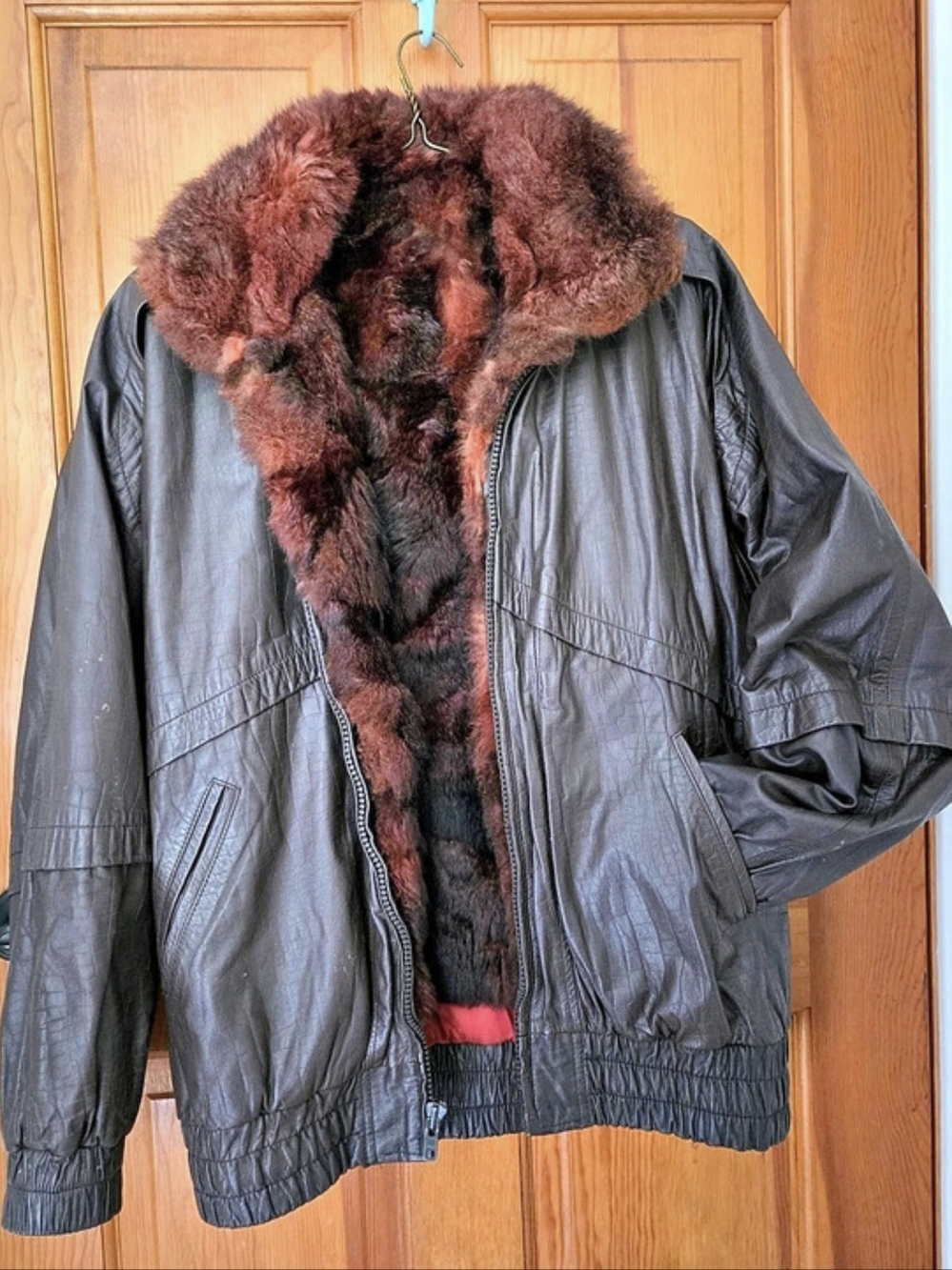 Women's Leather Jacket with Real Fur Collar And Removable Liner in Brown